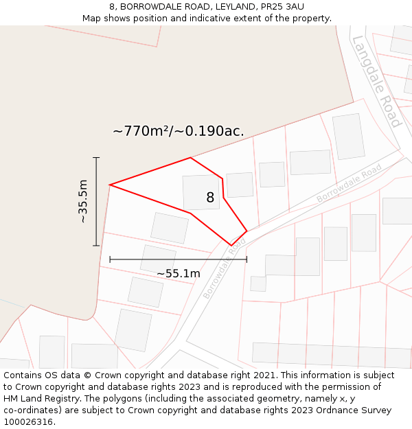 8, BORROWDALE ROAD, LEYLAND, PR25 3AU: Plot and title map