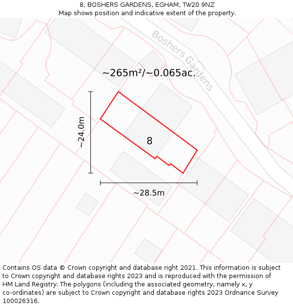 8, BOSHERS GARDENS, EGHAM, TW20 9NZ: Plot and title map