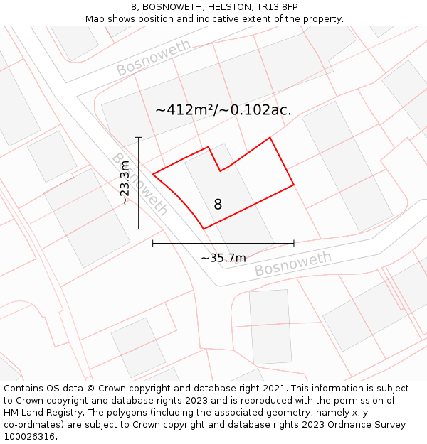 8, BOSNOWETH, HELSTON, TR13 8FP: Plot and title map