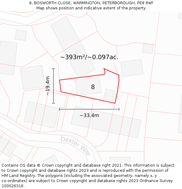 8, BOSWORTH CLOSE, WARMINGTON, PETERBOROUGH, PE8 6WF: Plot and title map