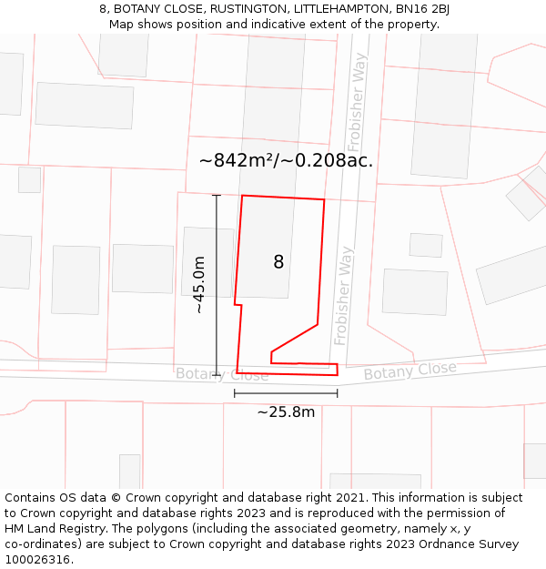 8, BOTANY CLOSE, RUSTINGTON, LITTLEHAMPTON, BN16 2BJ: Plot and title map