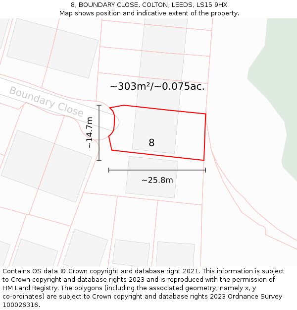 8, BOUNDARY CLOSE, COLTON, LEEDS, LS15 9HX: Plot and title map