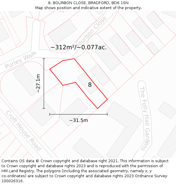 8, BOURBON CLOSE, BRADFORD, BD6 1SN: Plot and title map
