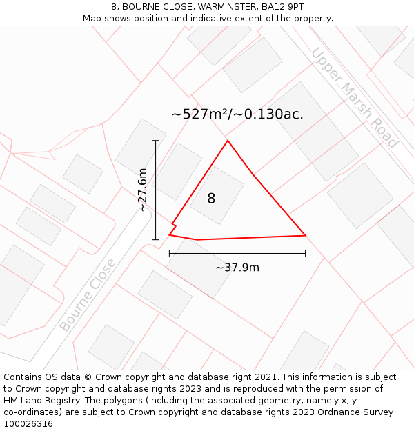 8, BOURNE CLOSE, WARMINSTER, BA12 9PT: Plot and title map