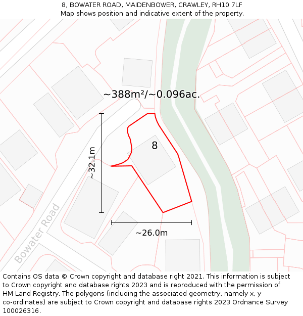 8, BOWATER ROAD, MAIDENBOWER, CRAWLEY, RH10 7LF: Plot and title map