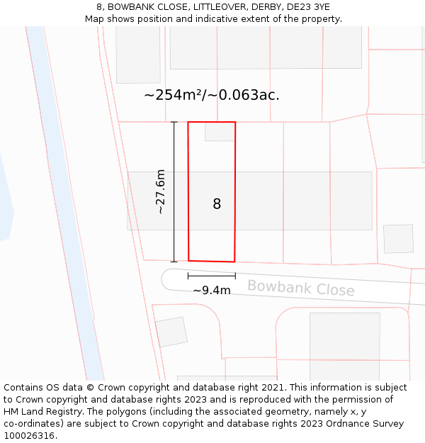 8, BOWBANK CLOSE, LITTLEOVER, DERBY, DE23 3YE: Plot and title map