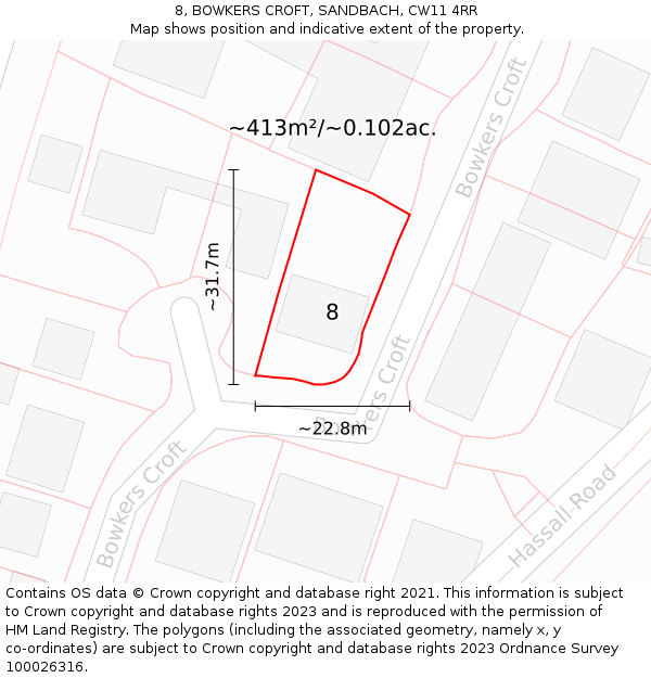 8, BOWKERS CROFT, SANDBACH, CW11 4RR: Plot and title map