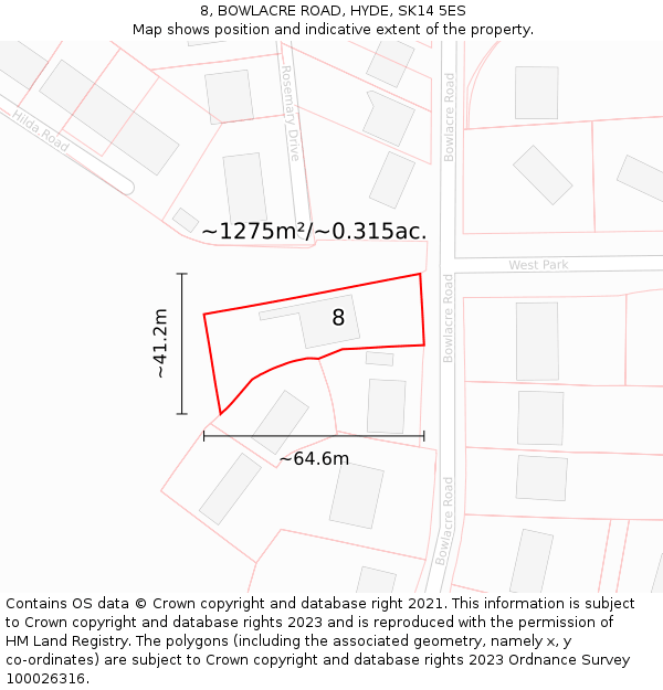 8, BOWLACRE ROAD, HYDE, SK14 5ES: Plot and title map