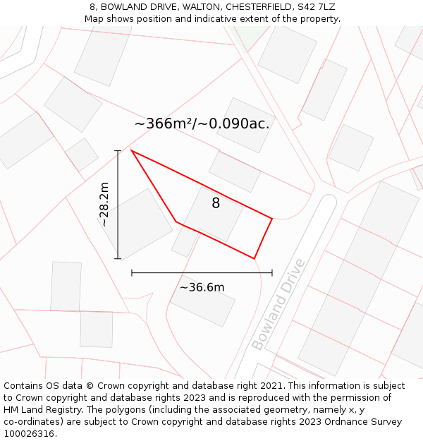 8, BOWLAND DRIVE, WALTON, CHESTERFIELD, S42 7LZ: Plot and title map