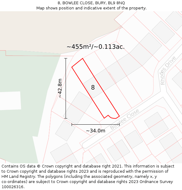 8, BOWLEE CLOSE, BURY, BL9 8NQ: Plot and title map
