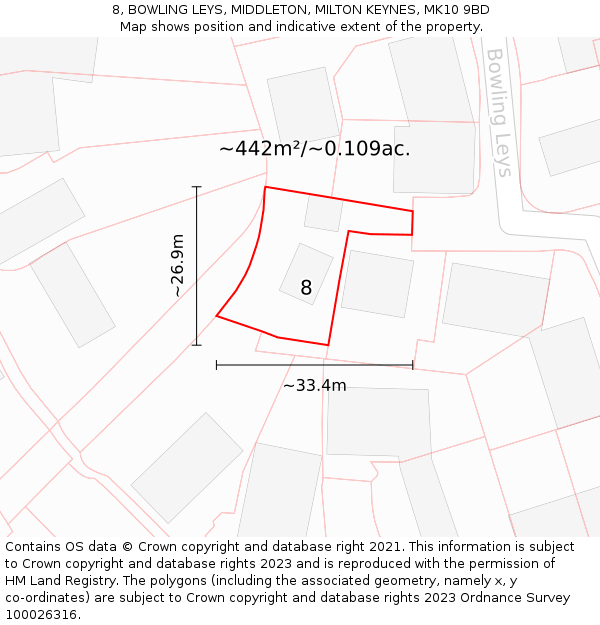 8, BOWLING LEYS, MIDDLETON, MILTON KEYNES, MK10 9BD: Plot and title map