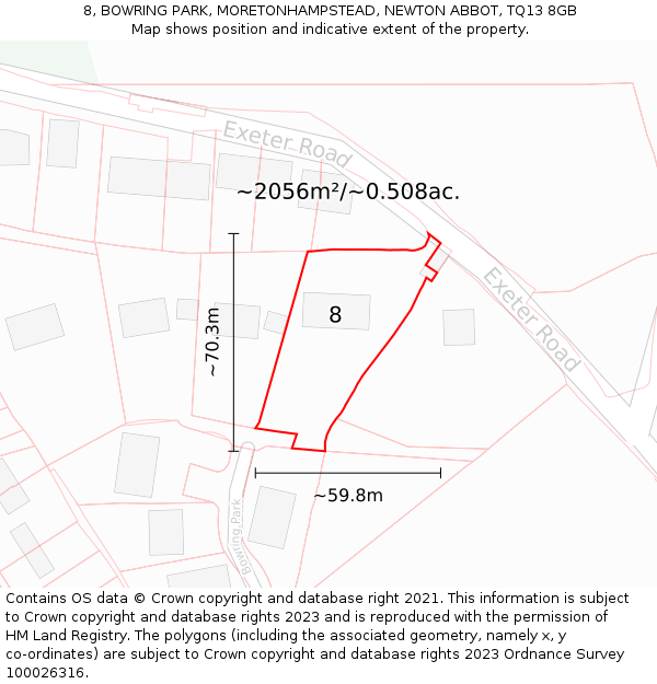 8, BOWRING PARK, MORETONHAMPSTEAD, NEWTON ABBOT, TQ13 8GB: Plot and title map