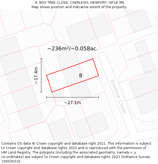 8, BOX TREE CLOSE, CAERLEON, NEWPORT, NP18 3RJ: Plot and title map
