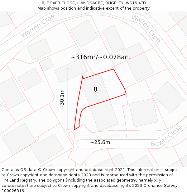 8, BOXER CLOSE, HANDSACRE, RUGELEY, WS15 4TD: Plot and title map