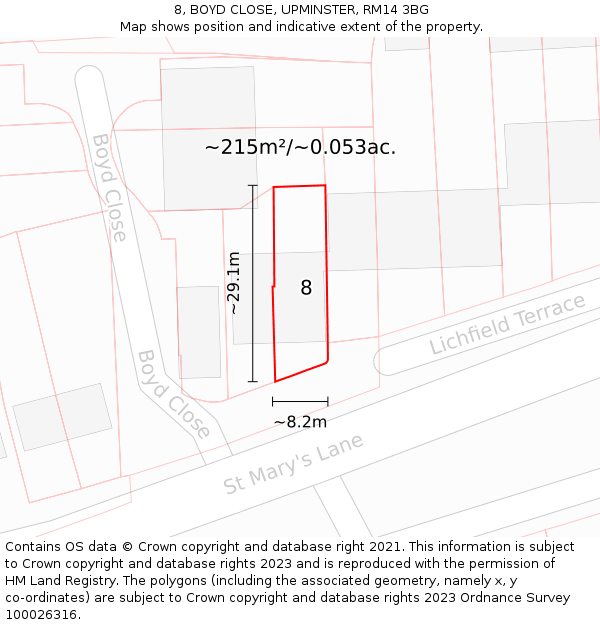 8, BOYD CLOSE, UPMINSTER, RM14 3BG: Plot and title map
