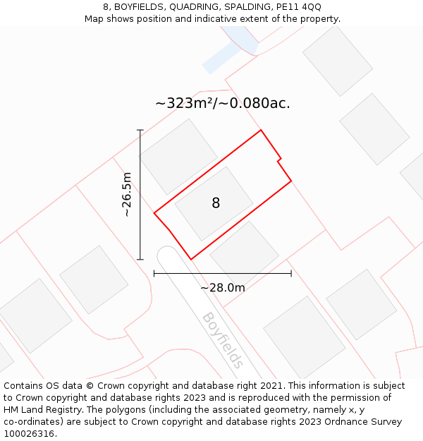 8, BOYFIELDS, QUADRING, SPALDING, PE11 4QQ: Plot and title map