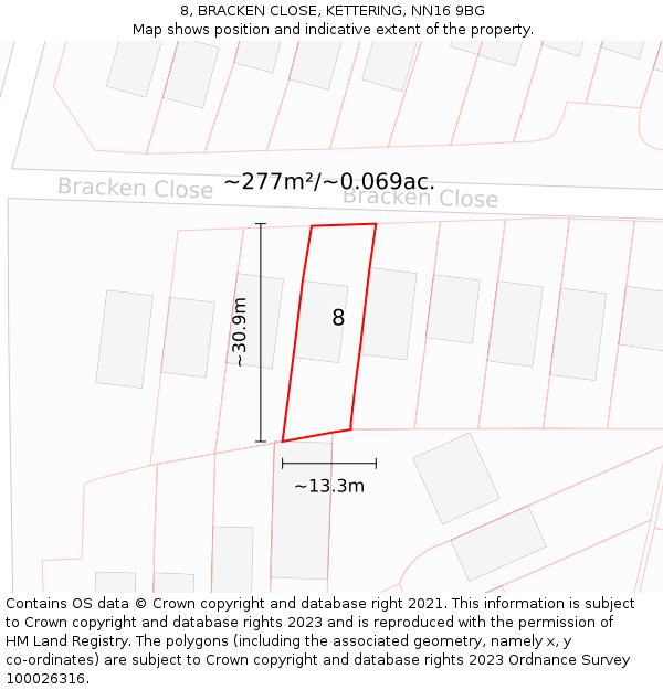 8, BRACKEN CLOSE, KETTERING, NN16 9BG: Plot and title map