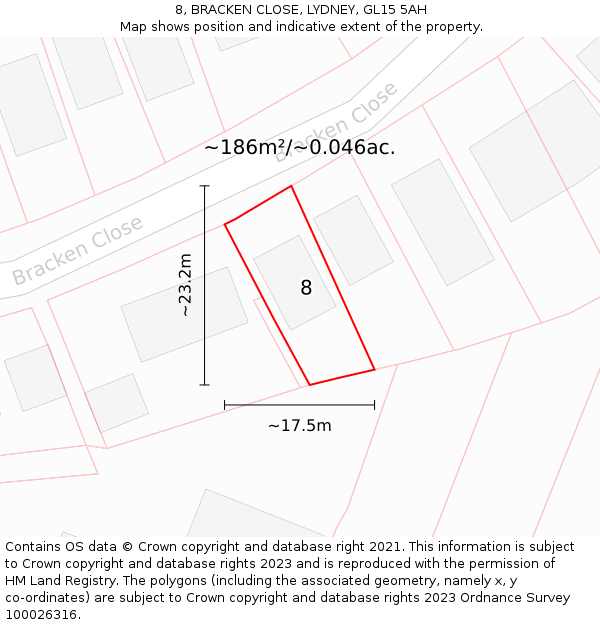 8, BRACKEN CLOSE, LYDNEY, GL15 5AH: Plot and title map