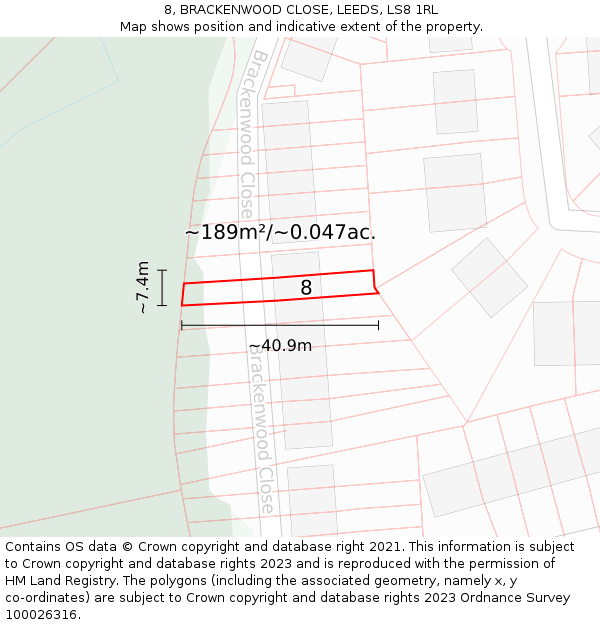 8, BRACKENWOOD CLOSE, LEEDS, LS8 1RL: Plot and title map