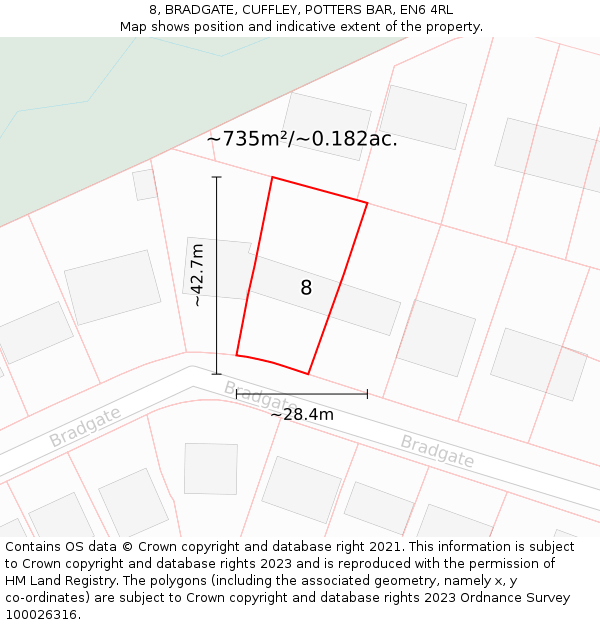 8, BRADGATE, CUFFLEY, POTTERS BAR, EN6 4RL: Plot and title map