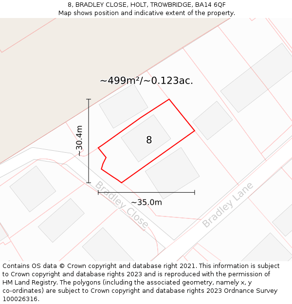 8, BRADLEY CLOSE, HOLT, TROWBRIDGE, BA14 6QF: Plot and title map