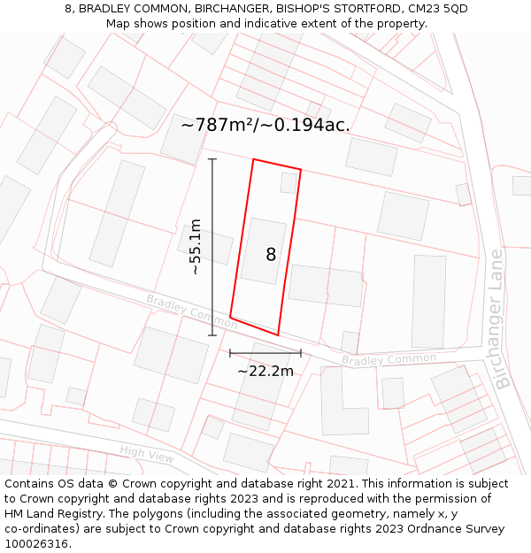8, BRADLEY COMMON, BIRCHANGER, BISHOP'S STORTFORD, CM23 5QD: Plot and title map