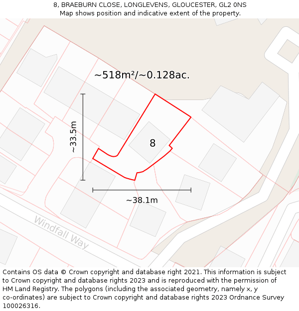 8, BRAEBURN CLOSE, LONGLEVENS, GLOUCESTER, GL2 0NS: Plot and title map