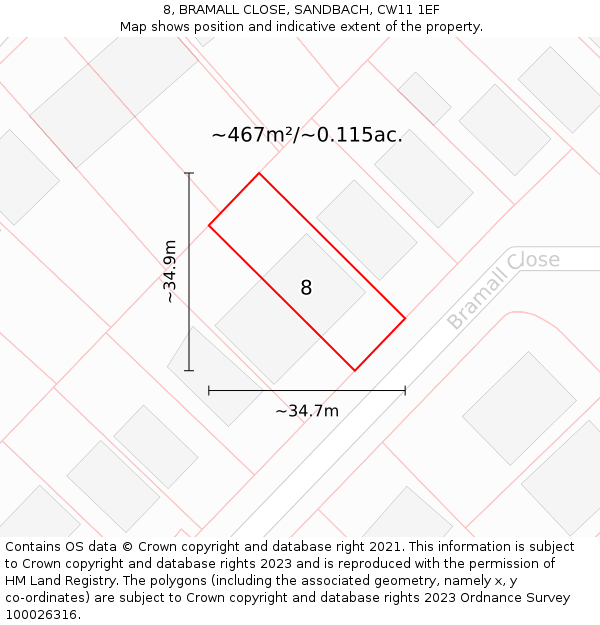 8, BRAMALL CLOSE, SANDBACH, CW11 1EF: Plot and title map