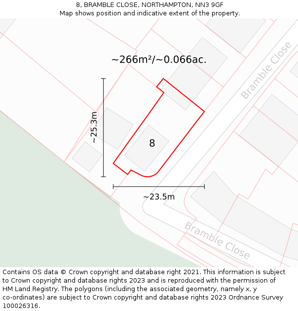 8, BRAMBLE CLOSE, NORTHAMPTON, NN3 9GF: Plot and title map