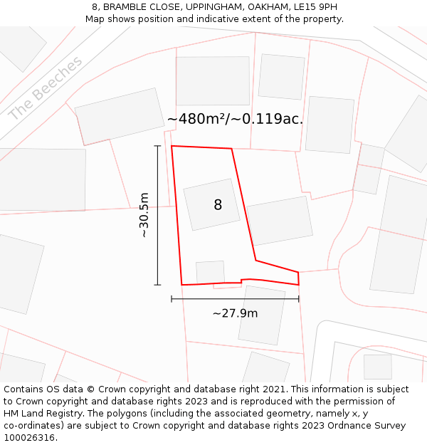 8, BRAMBLE CLOSE, UPPINGHAM, OAKHAM, LE15 9PH: Plot and title map