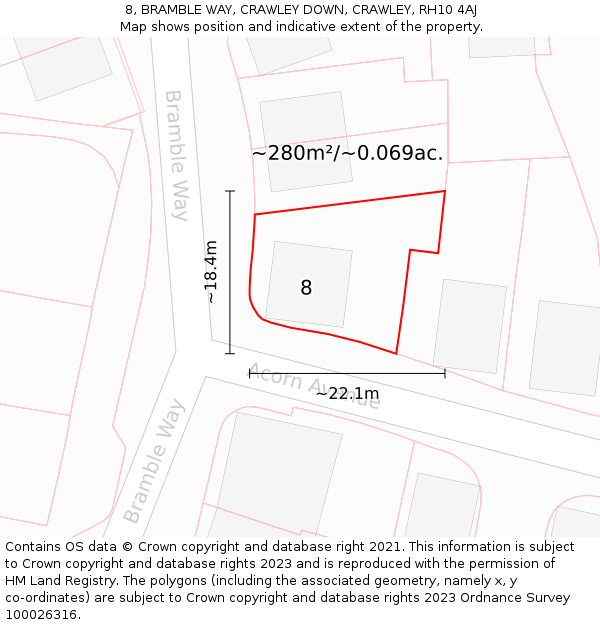 8, BRAMBLE WAY, CRAWLEY DOWN, CRAWLEY, RH10 4AJ: Plot and title map