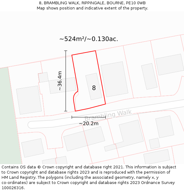 8, BRAMBLING WALK, RIPPINGALE, BOURNE, PE10 0WB: Plot and title map
