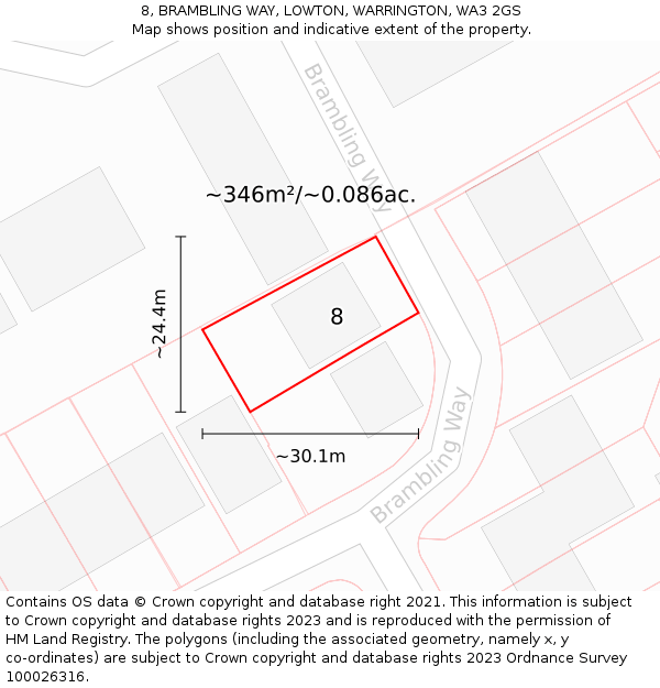 8, BRAMBLING WAY, LOWTON, WARRINGTON, WA3 2GS: Plot and title map