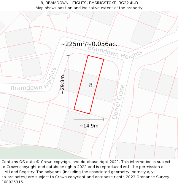 8, BRAMDOWN HEIGHTS, BASINGSTOKE, RG22 4UB: Plot and title map