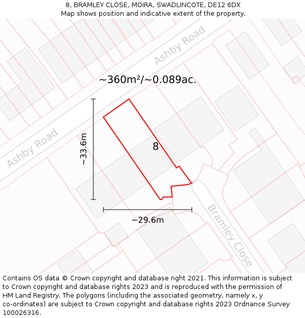 8, BRAMLEY CLOSE, MOIRA, SWADLINCOTE, DE12 6DX: Plot and title map