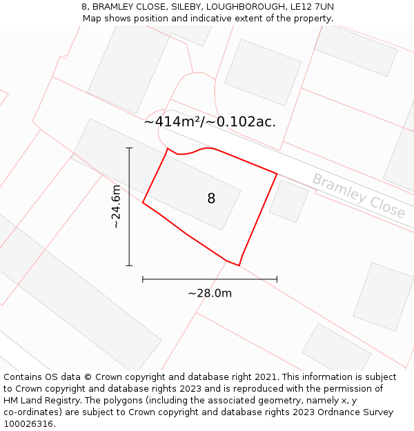 8, BRAMLEY CLOSE, SILEBY, LOUGHBOROUGH, LE12 7UN: Plot and title map
