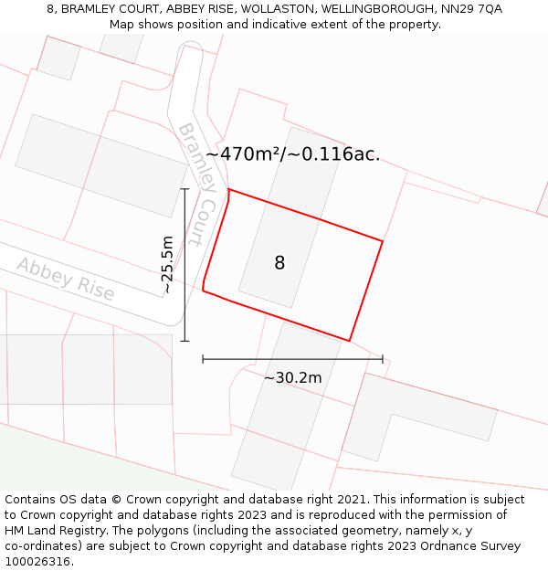 8, BRAMLEY COURT, ABBEY RISE, WOLLASTON, WELLINGBOROUGH, NN29 7QA: Plot and title map