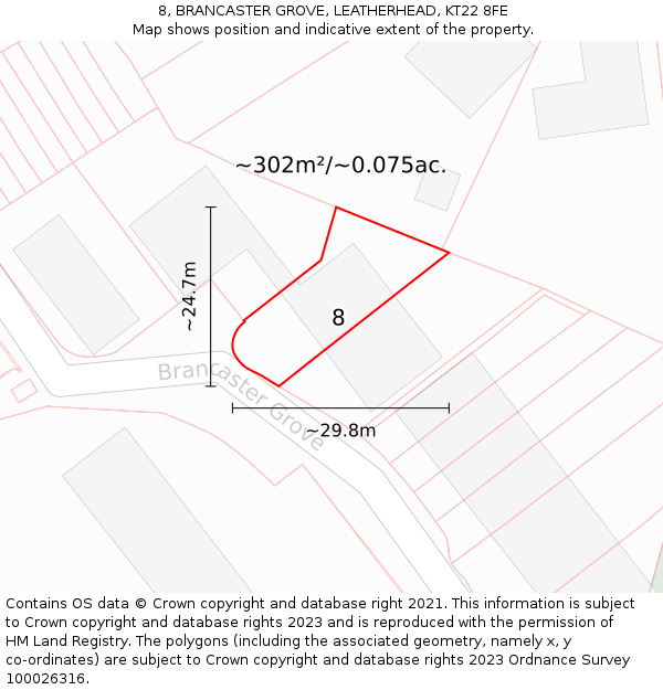 8, BRANCASTER GROVE, LEATHERHEAD, KT22 8FE: Plot and title map