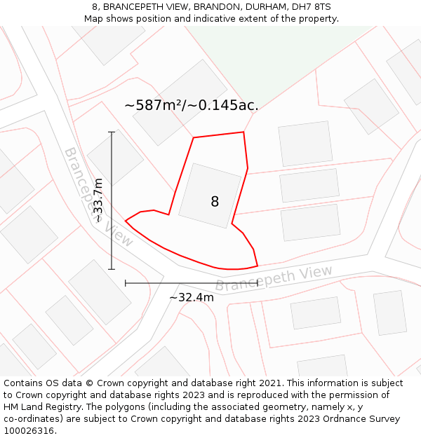 8, BRANCEPETH VIEW, BRANDON, DURHAM, DH7 8TS: Plot and title map