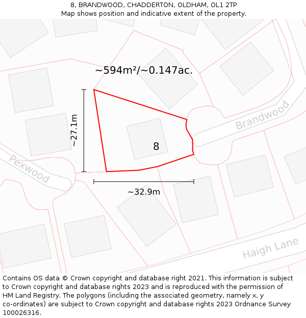 8, BRANDWOOD, CHADDERTON, OLDHAM, OL1 2TP: Plot and title map
