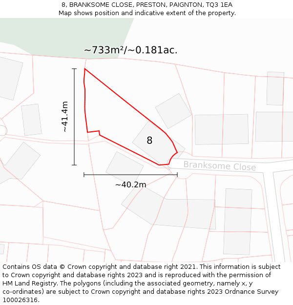 8, BRANKSOME CLOSE, PRESTON, PAIGNTON, TQ3 1EA: Plot and title map