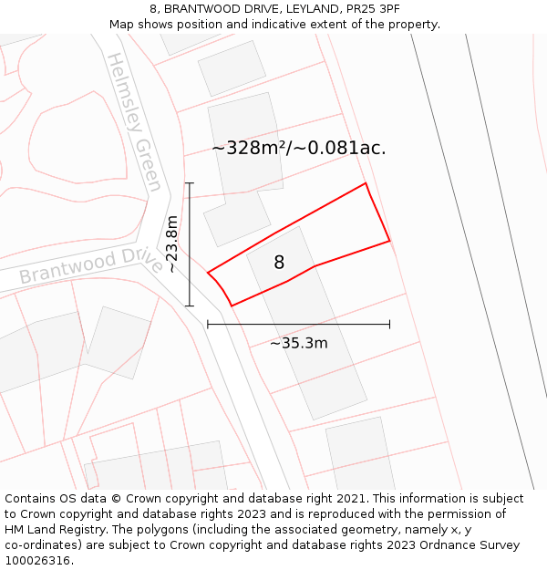 8, BRANTWOOD DRIVE, LEYLAND, PR25 3PF: Plot and title map