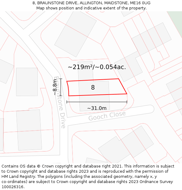 8, BRAUNSTONE DRIVE, ALLINGTON, MAIDSTONE, ME16 0UG: Plot and title map
