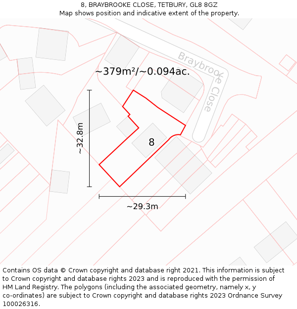 8, BRAYBROOKE CLOSE, TETBURY, GL8 8GZ: Plot and title map