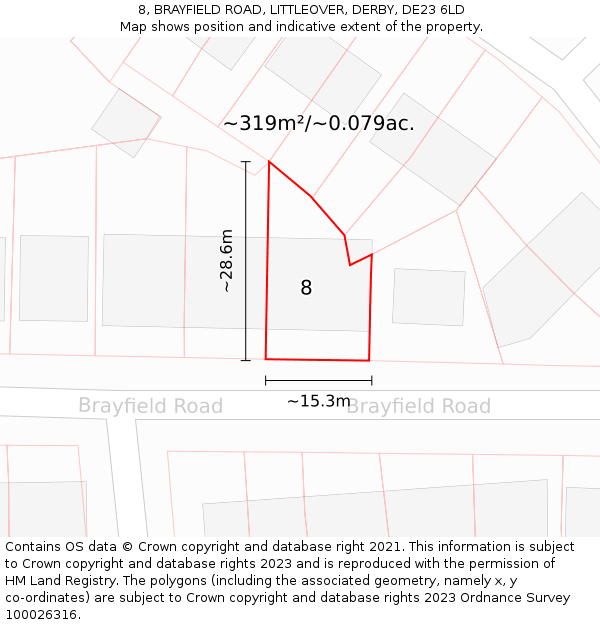 8, BRAYFIELD ROAD, LITTLEOVER, DERBY, DE23 6LD: Plot and title map