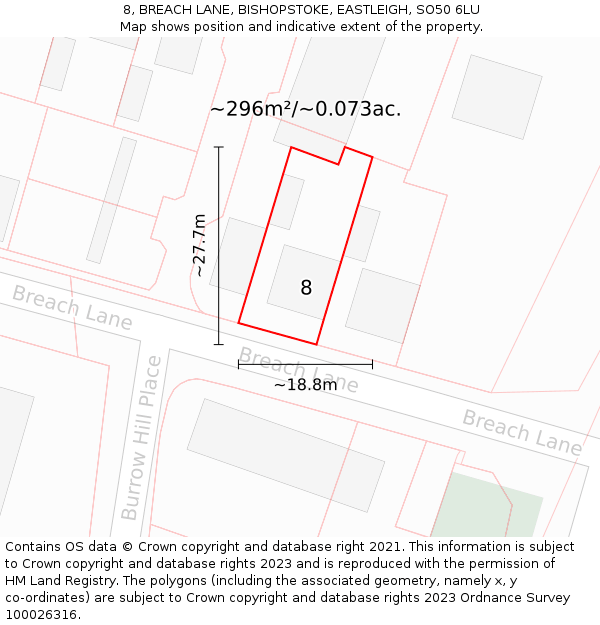 8, BREACH LANE, BISHOPSTOKE, EASTLEIGH, SO50 6LU: Plot and title map