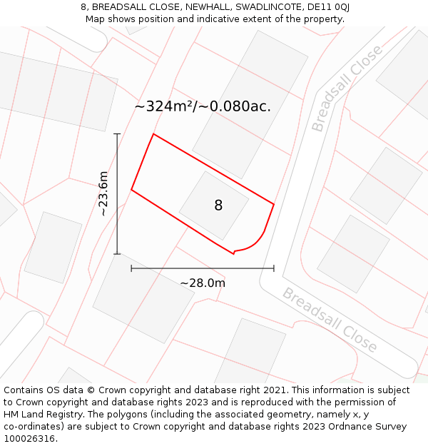 8, BREADSALL CLOSE, NEWHALL, SWADLINCOTE, DE11 0QJ: Plot and title map