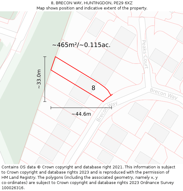 8, BRECON WAY, HUNTINGDON, PE29 6XZ: Plot and title map