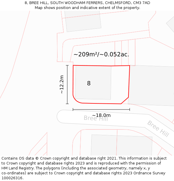 8, BREE HILL, SOUTH WOODHAM FERRERS, CHELMSFORD, CM3 7AD: Plot and title map