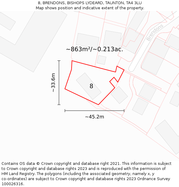 8, BRENDONS, BISHOPS LYDEARD, TAUNTON, TA4 3LU: Plot and title map